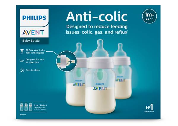Philips Avent Anti-Colic Baby Bottle With Airfree Vent, Clear, 9Oz, 3Pk
