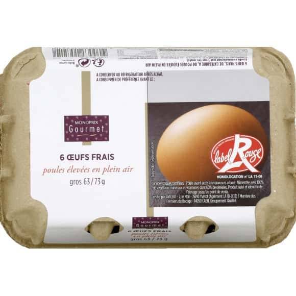 Monoprix Gourmet Oeufs Frais De Poules Élevées En Plein Air, Gros, Label Rouge La Boîte De 6