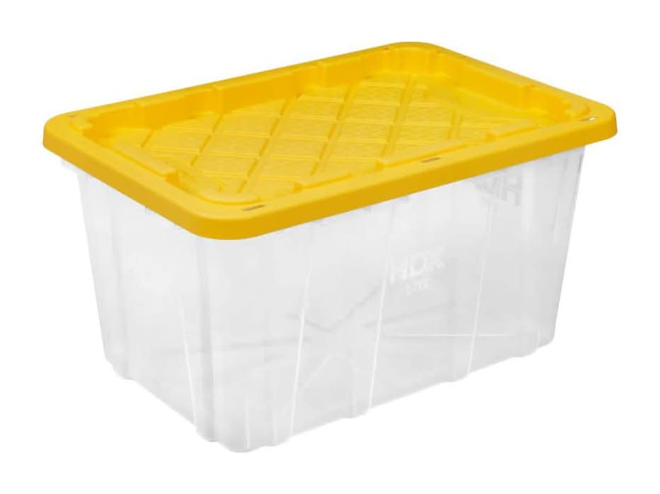 Hdx 27 Gal. Tough Storage Tote In Clear With Yellow Lid