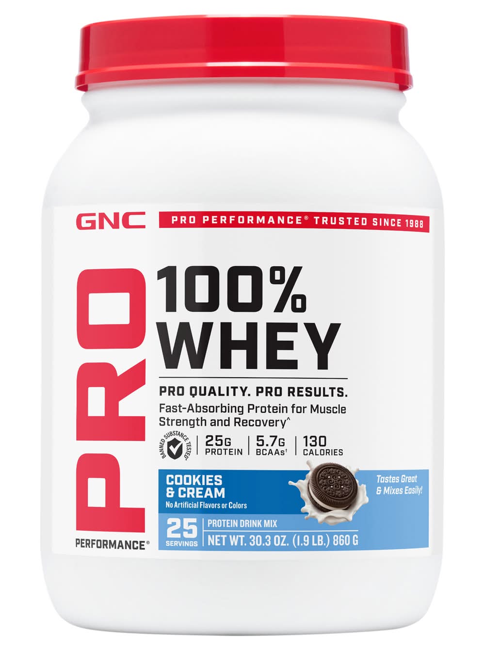 GNC Pro Performance 100% Whey Protein Drink Mix, Cookies & Cream (30.3 oz)