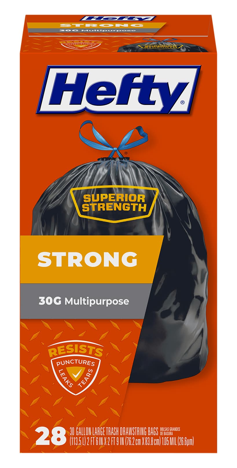 Hefty Multipurpose Drawstring Strong Large Trash Bags 30 Gallon, 76.2x83.8 cm (28 ct)