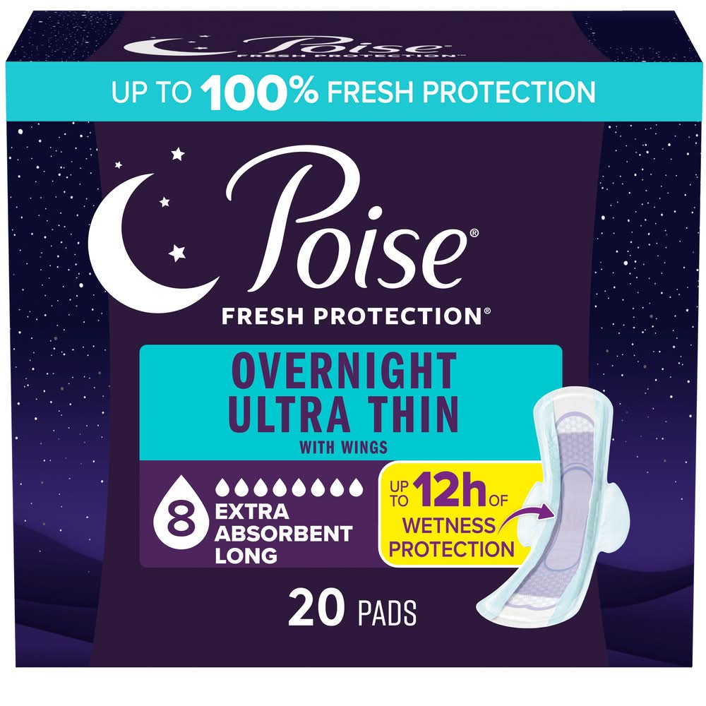 Poise Fresh Protection Overnight Ultra Thin Incontinence Pads With Wings (20 ct)