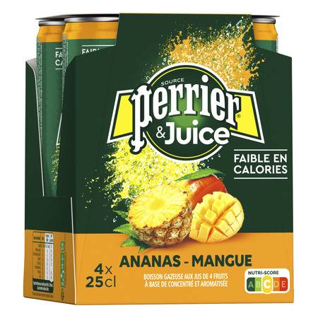 Eau gazeuse aromatisée ananas mangue Bio PERRIER JUICE - la pack de 4 canettes de 25cL