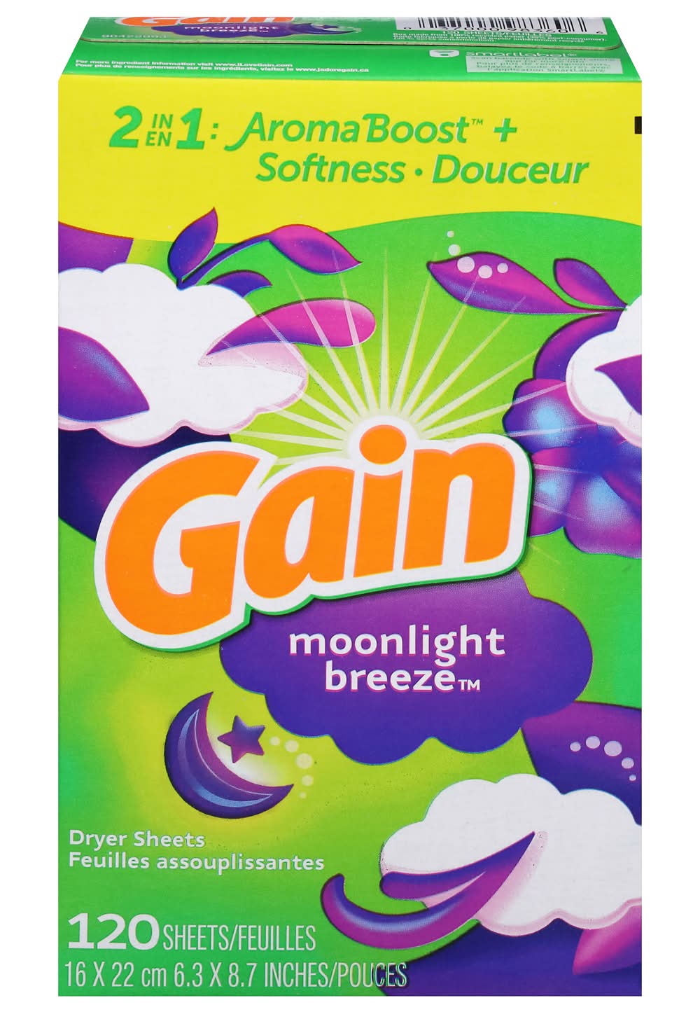 Gain Aroma Boost Plus Softness 2 in 1 Dryer Sheets, Moonlight Breeze, 6.3x8.7 in (9.3 oz, 120 ct)