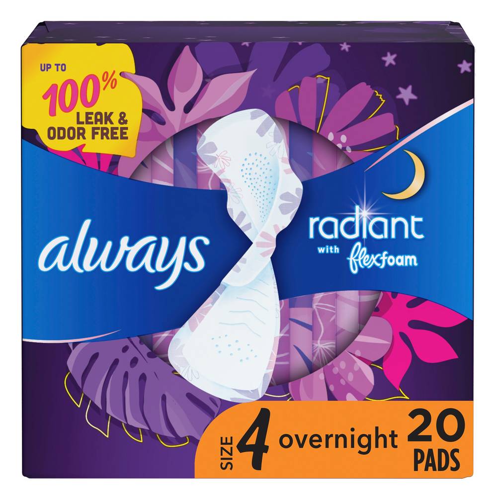 Always Radiant Pads, Size 4, Overnight Absorbency, Scented, 20 Count