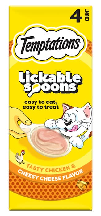 Temptations Lickable Spoons Tasty Chicken and Cheesy Cheese Flavor Adult Wet Cat Treat, 1.41 oz., Pack of 4