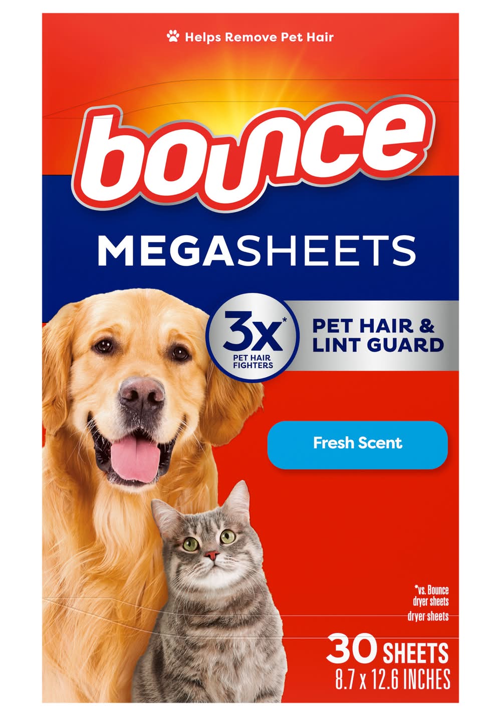 Bounce Pet Hair & Lint Guard Mega Dryer Sheets, Fresh, 8.7 In x 12.6 In (30 ct)