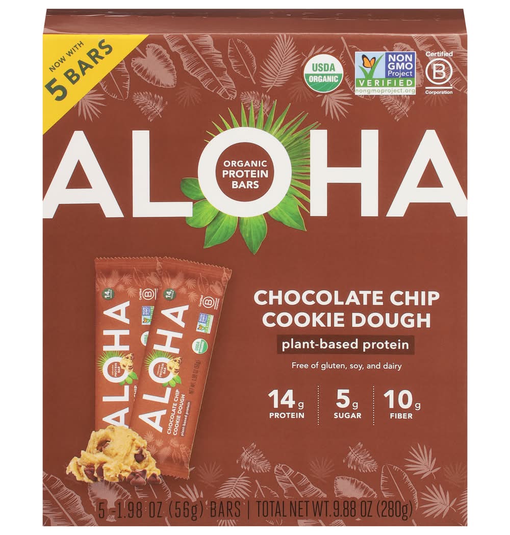 Aloha Plant Based Organic Protein Bars, Chocolate Chip-Cookie Dough (5 x 1.98 oz)