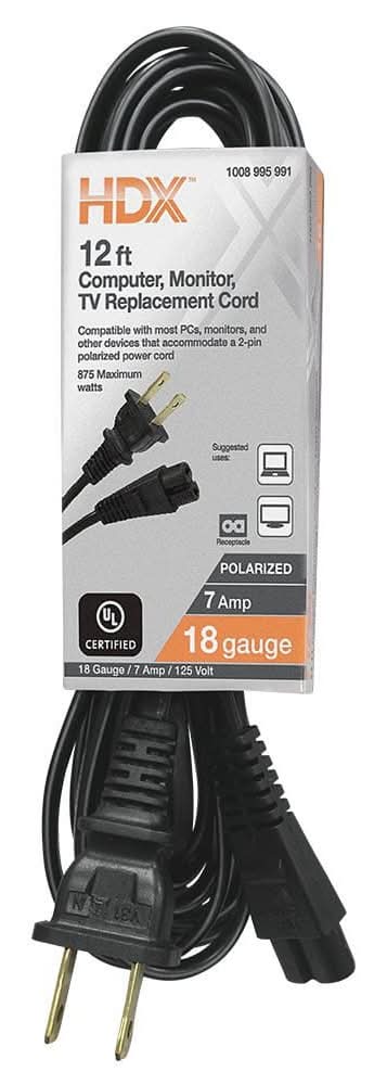 Hdx 12 Ft. 18/2 Light Duty Computer, Monitor, Tv Replacement Cord, Black