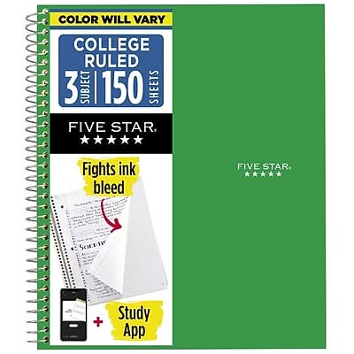 Five Star 3-Subject Notebooks, 8.5 x 11, College Ruled, 150 Sheets, Color Chosen at Random (06050/06210)