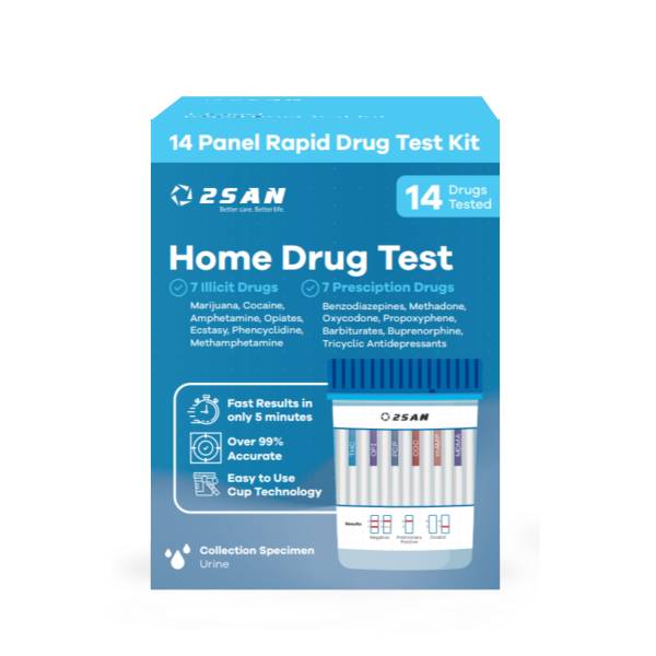 2San Home Drug Test - 14 Strip - Marijuana (THC), Cocaine (COC), Methamphetamine (MET), Opiates (OPI), Phencyclidine (PCP), Amphetamine (AMP), Ecstasy (MDMA), Benzodiazepines (BZO), Methadone (MTD), Oxycodone (OXY), Propoxyphene (PPX), Barbiturates (BAR), Tricyclic Antidepressants (TCA), Buprenorphi