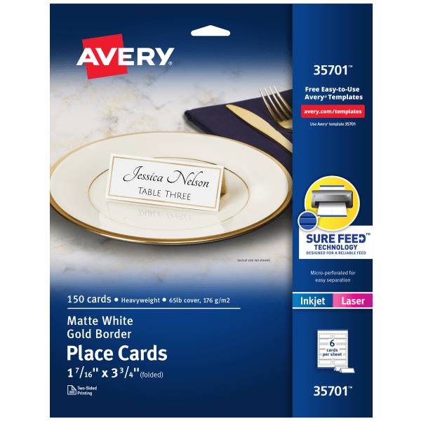 Avery Printable Place Cards With Sure Feed Technology, 1-7/16" X 3-3/4", White With Gold Border