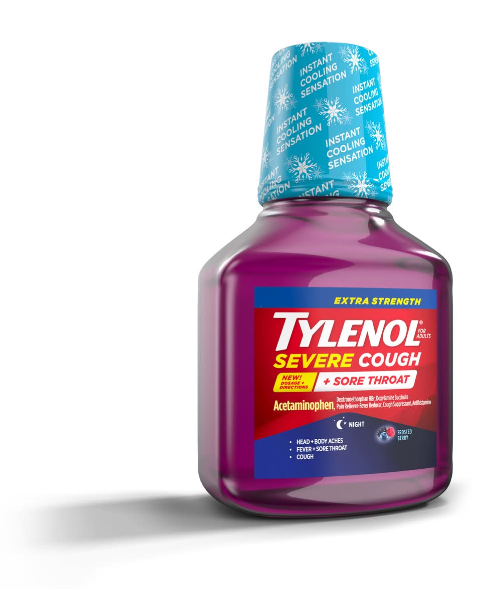 Tylenol Extra Strength Severe Cough + Sore Throat Night Liquid For Adults, Frosted Berry (8 fl oz)