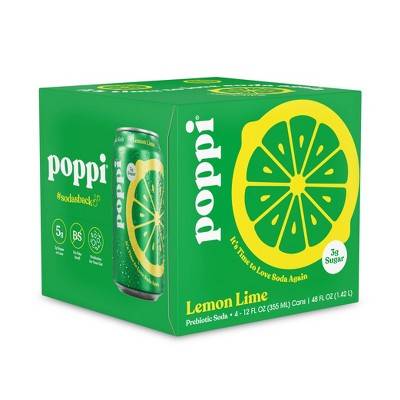 poppi Prebiotic Soda, Lemon Lime (4 x 12 fl oz)