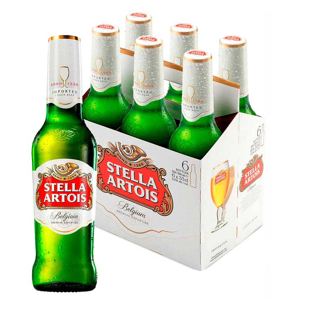 Stella artois cerveza importada clara (6 pack, 330 ml)