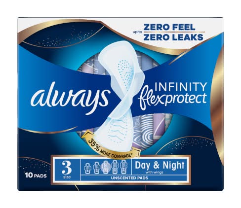 Always size 3, Infinity Flexprotect Night Sanitary Towels Wings Pads (10 pack)
