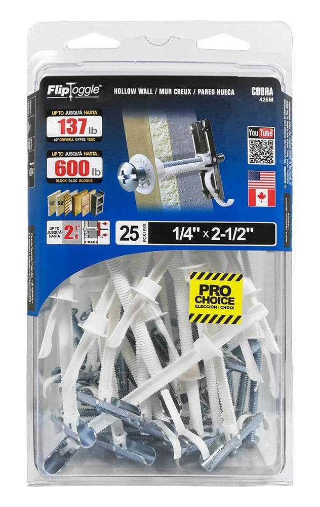 Fliptoggle Plastic With Screw Philips and Slot Head Toggle Bolt, 1/4 In. X 2-1/2 In. (25 ct)