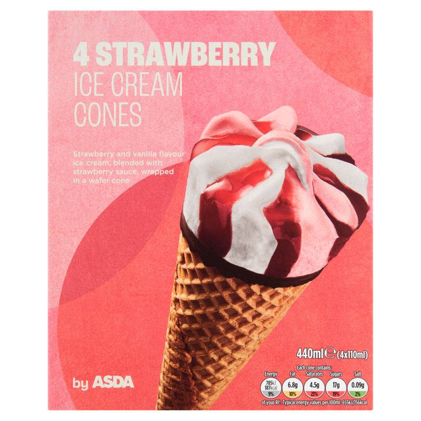 ASDA Strawberry-Vanilla, Ice Cream Cones (4 pack)