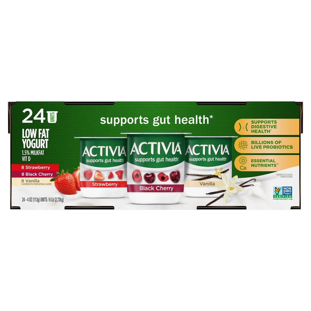 Activia Support Gut Health Variety pack, Strawberry-Black Cherry-Vanilla (4 oz, 24 ct)