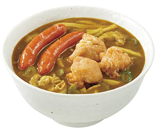 ソーセージ（2本）+フライドチキン（3個）カレーうどん Curry udon with sausage (2 pcs) and fried chicken (3 pcs)