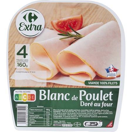 Blanc de poulet doré au four Carrefour Extra - la barquette de 4 tranches - 160g
