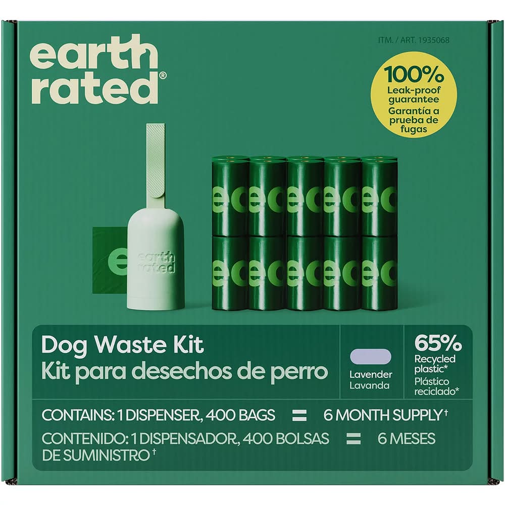 Earth Rated · Kit de dispensador + bolsas para desechos de perro, lavanda (401 un)