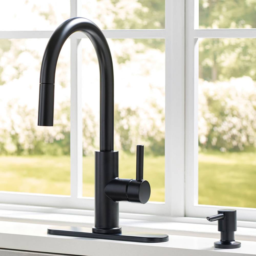 allen + roth Harlow Matte Black Single Handle Pull-down Kitchen Faucet with Sprayer (Deck Plate and Soap Dispenser Included) | 67894W-117001