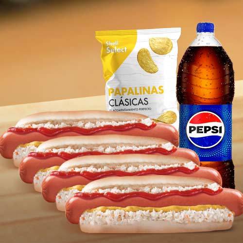 Combo 4 hot dog + 2L Pepsi + Papalinas Shell Select 120g