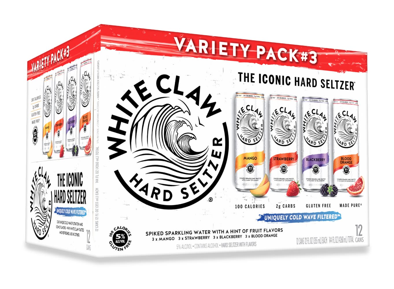 White Claw Gluten Free Hard Seltzer Variety pack, Strawberry-Mango-Blackberry-Blood Orange (12 x 12 fl oz)