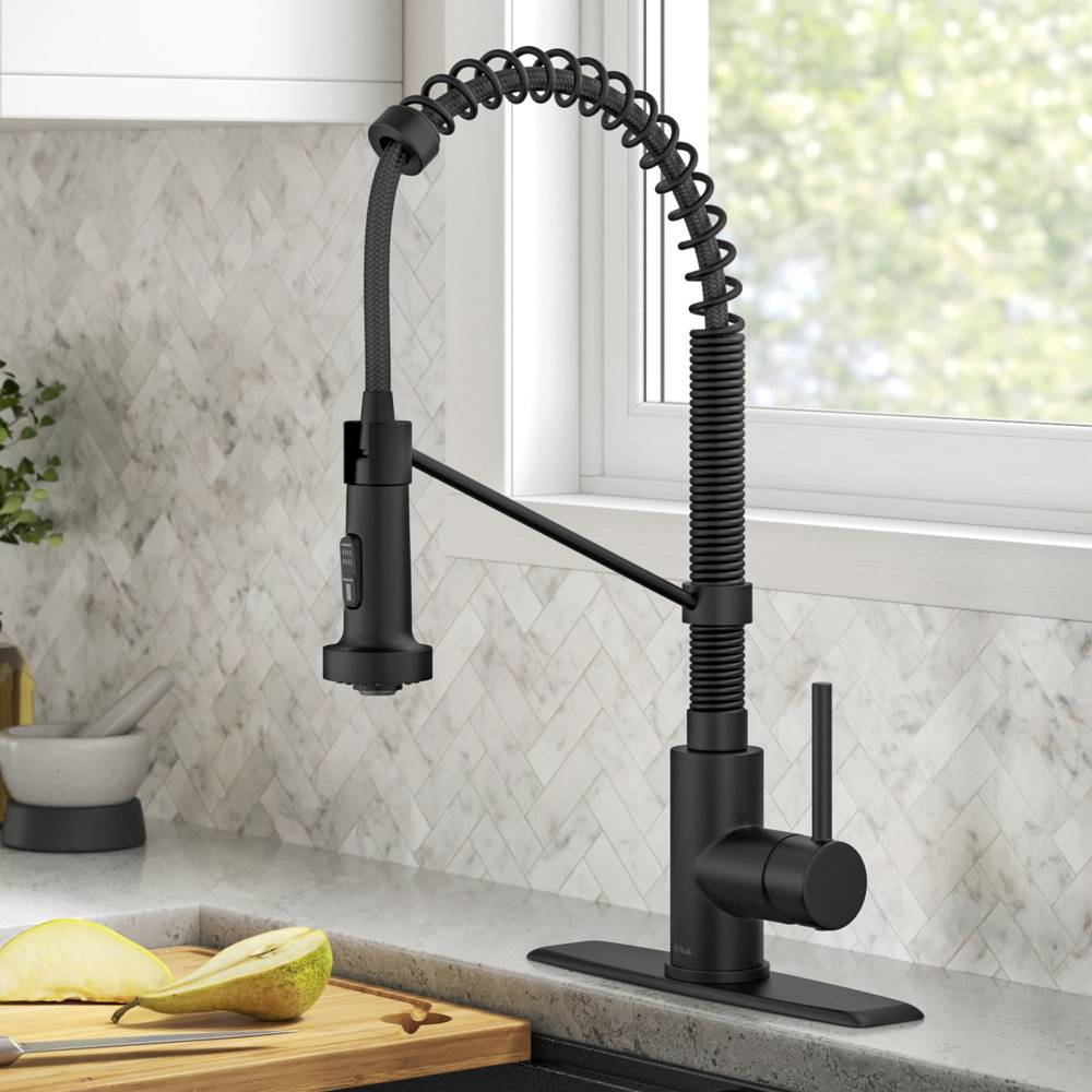 Kraus Bolden Matte Black Single Handle Pull-down Kitchen Faucet with Sprayer (Deck Plate Included) | KPF-1610MB-DP02MB