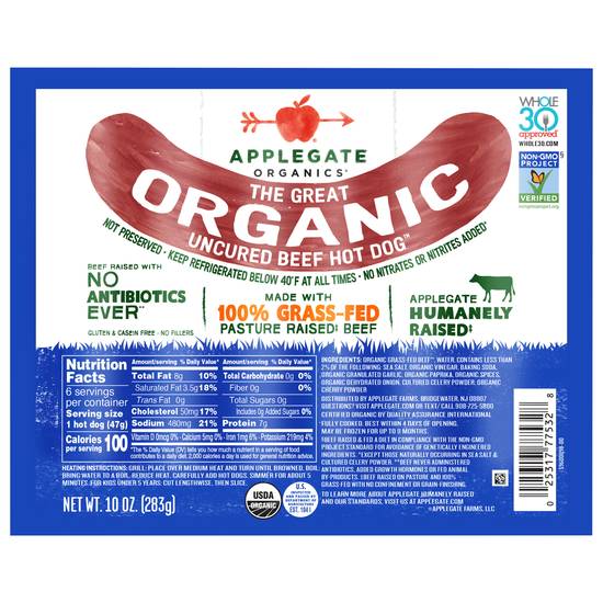 Applegate Organics the Great Organic Uncured Beef Hot Dog