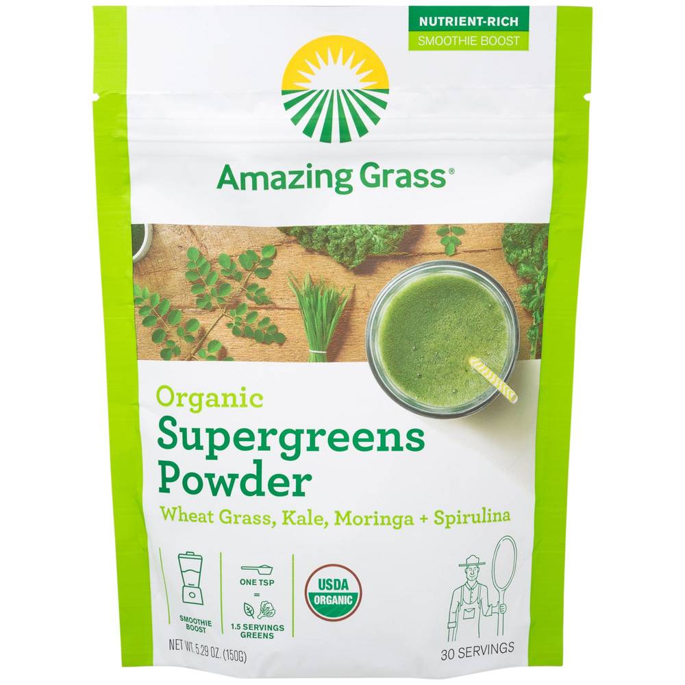 Organic Super Greens Powder - Wheat Grass, Kale, Moringa + Spirulina (30 Servings)
