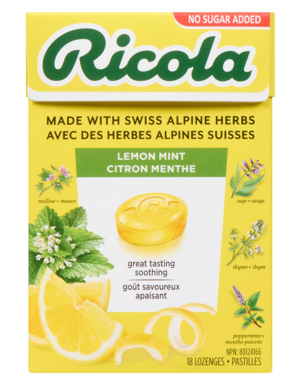 Ricola Box Lemon Mint No Sugar Added Naturally Refreshing Throat Relief (18 ct)