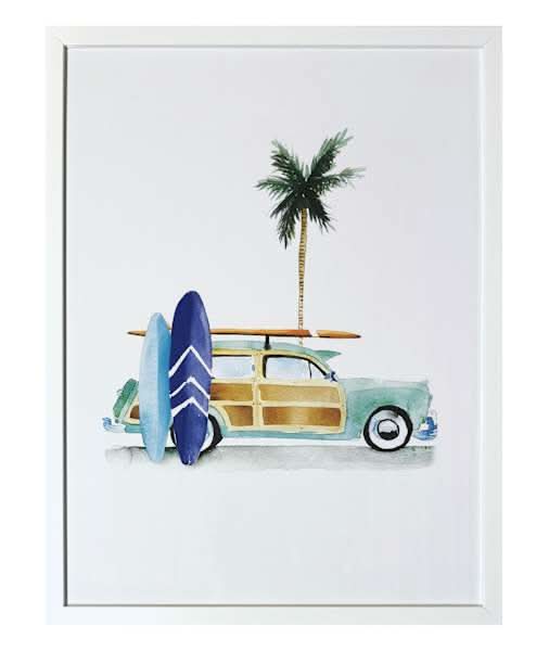 Glass Framed Surf Days Car Print Wall Decor, 19x25