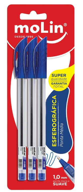 Molin caneta esferográfica azul 1,0mm ponta média (3 unidades)
