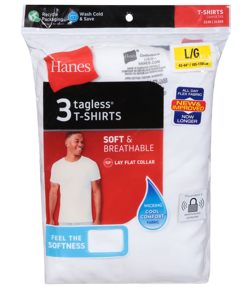 Hanes Soft & Breathable Tagless T-Shirts, L/G (3 ct)