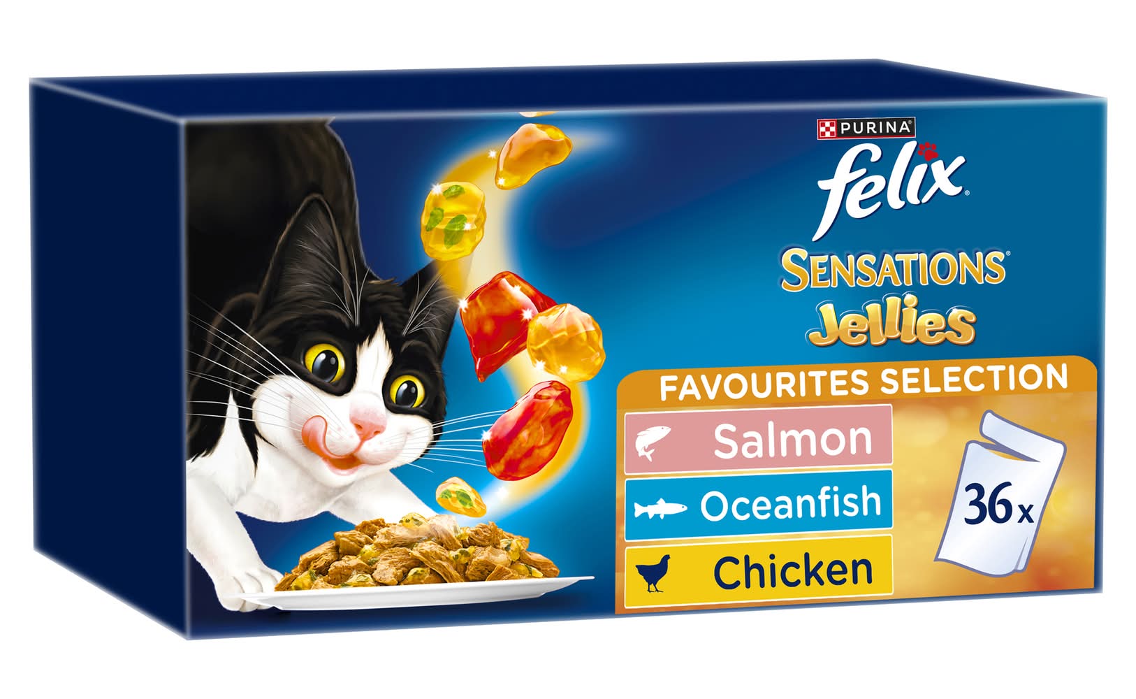 Purina Felix Sensations Jellies Favourites Selection Wet Cat Food, Salmon-Oceanfish-Chicken, Adult (36 x 85g)