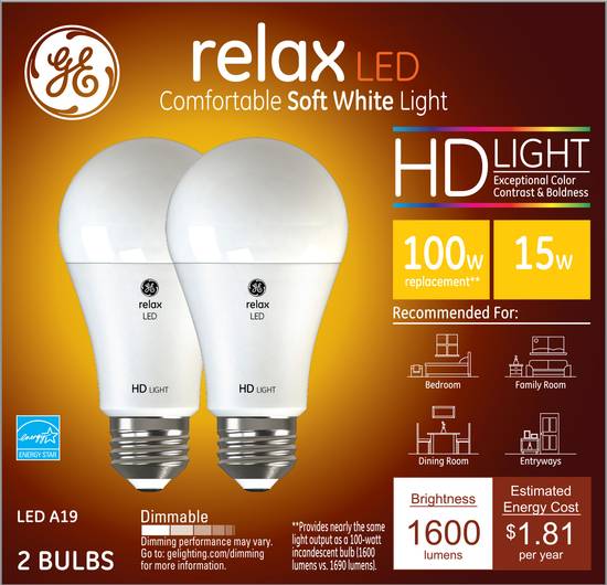 GE LED Light Bulbs 15W Relax HD (2 ct)