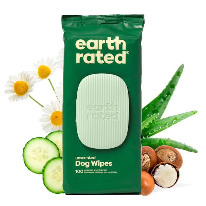 Earth Rated Unscented Hypoallergenic Dog Wipes, Cleaning and Odor-Controlling Grooming Wipes for Paws, Body and Bum, 100 Count