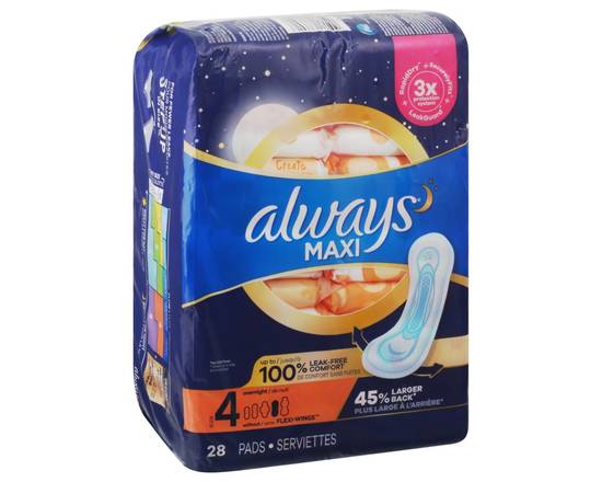 Always · Maxi Overnight Pads Wingless, Unscented, Size 4 (28 ct)