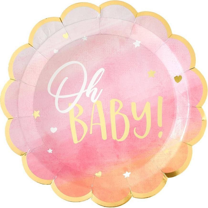 Metallic Gold Pink Oh Baby Dinner Plates 8ct