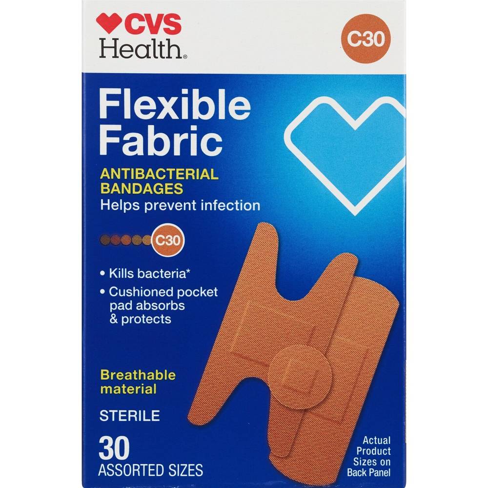 CVS Health Flexible Fabric Antibacterial Bandages, C30, Assorted Sizes, 30 CT