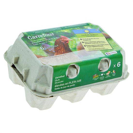 Œufs de Plein Air Sans-Antibiotique Sans OGM CARREFOUR - la boîte de 6