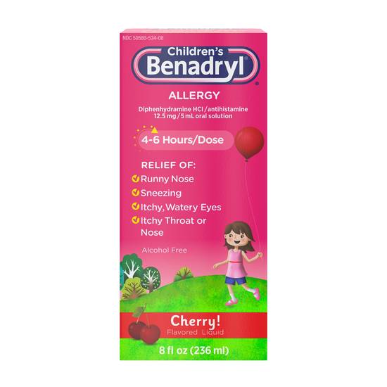 Benadryl Children's Allergy Antihistamine Liquid, Cherry, 8 OZ