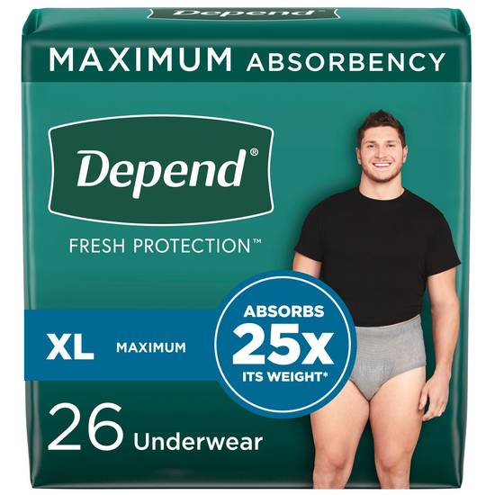 Depend FIT-FLEX Incontinence Underwear for Men Maximum Absorbency, XL, Grey, 26 CT