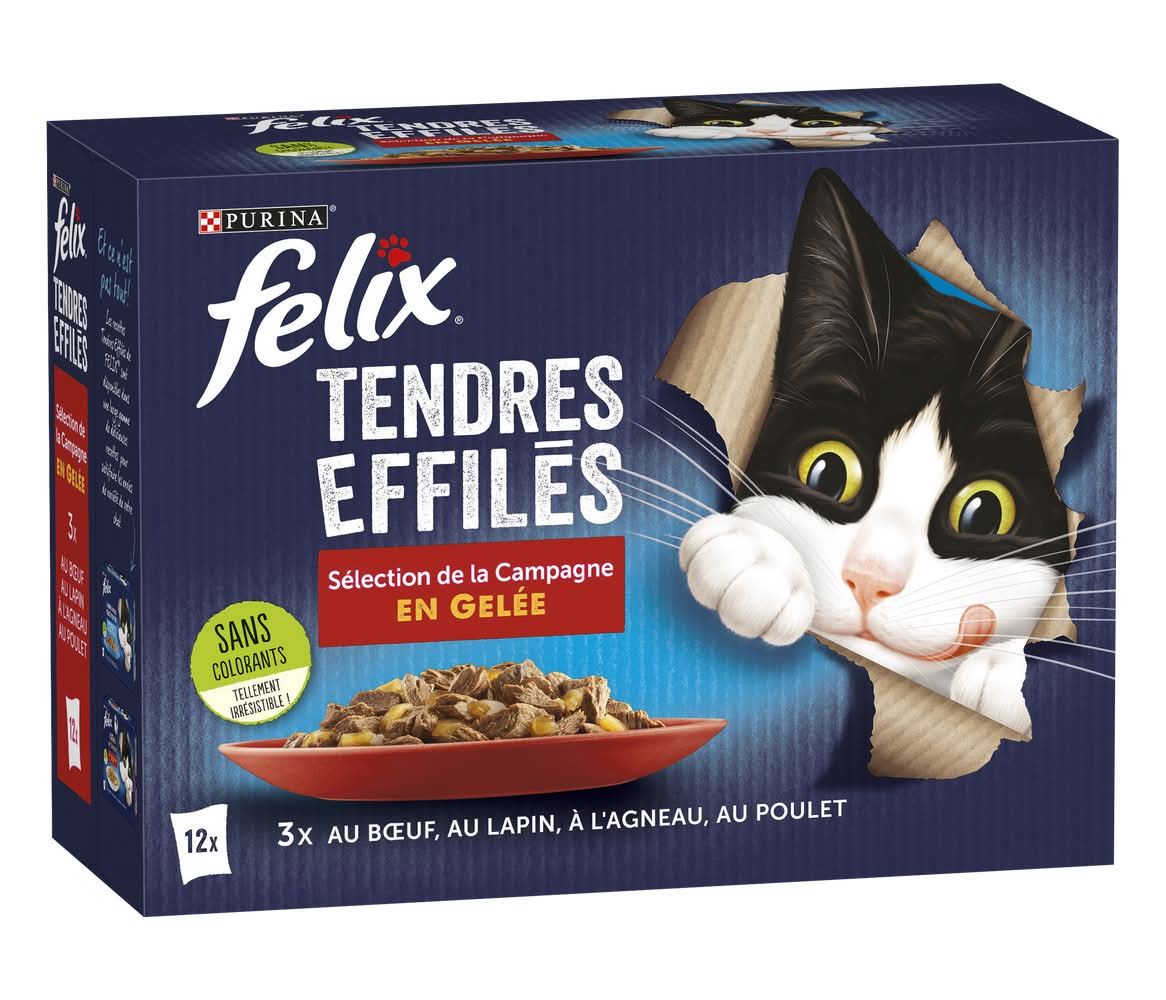Purina Felix - Tendres effilés nourriture humide en gelée pour chat, bœuf lapin agneau poulet, Adulte (12 x 85g)