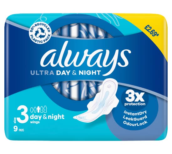 Always 3, Ultra Day & Night Sanitary Towels Wings (9 pack)