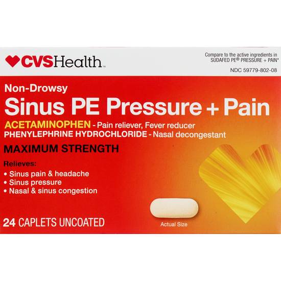 CVS Health Non Drowsy Maximum Strength Sinus PE Pressure + Pain Reliever, 24 CT