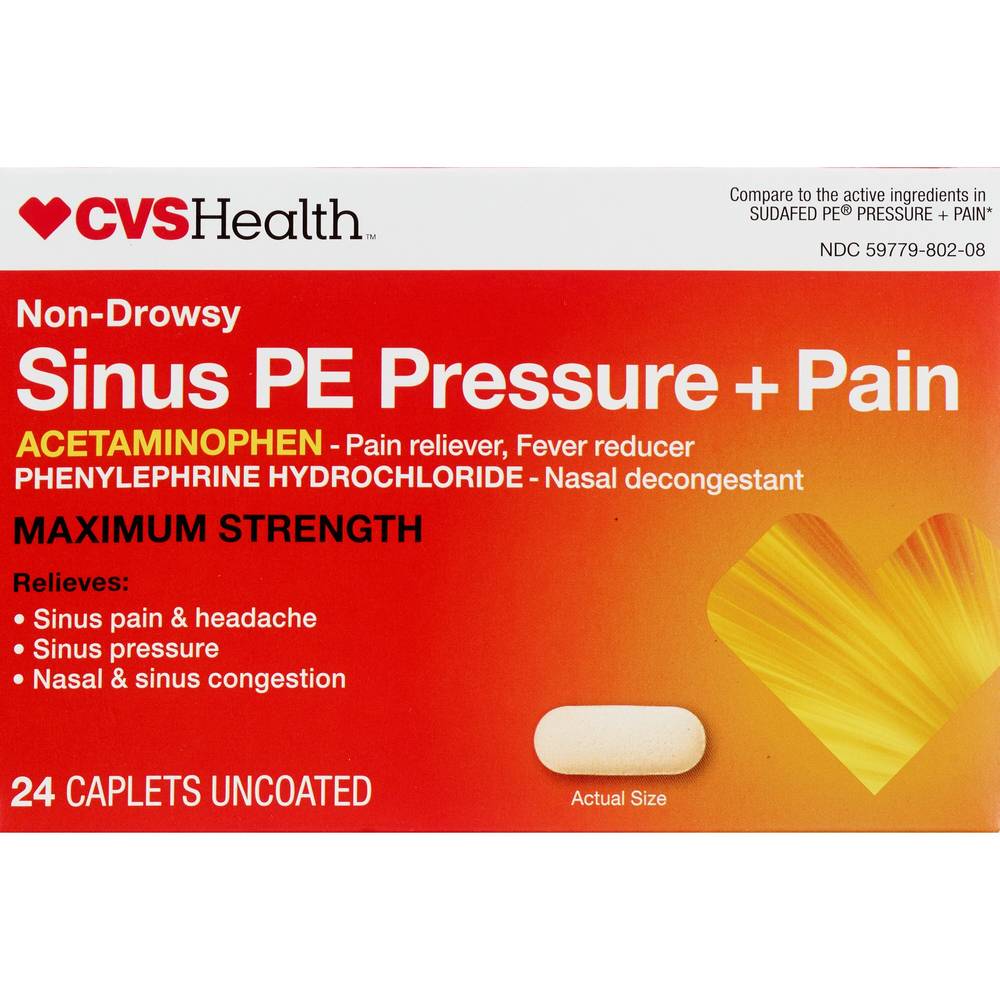 Cvs Health Non Drowsy Maximum Strength Sinus Pe Pressure + Pain Reliever, 24 Ct