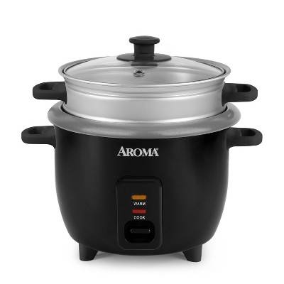 Aroma Nonstick Rice Cooker With Outer Steam Tray, Black